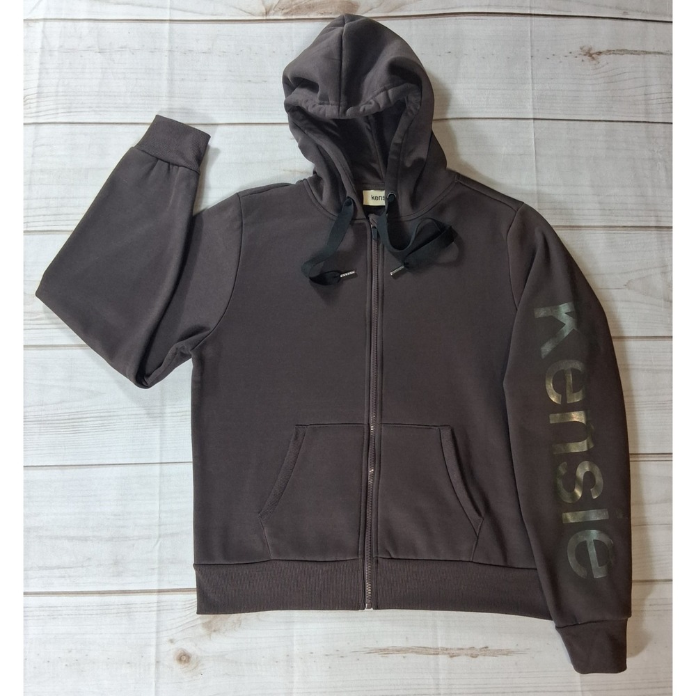 kensie Womens Full Zip Hoodie Sz M Brown Sleeve Logo Athletic Zip-Up Jacket